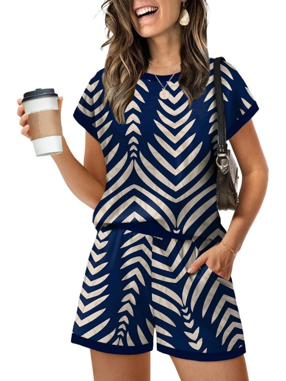 〽️Women's Outfit Navy Blue Print Cap Sleeve Shirts and Shorts Summer Lounge Set